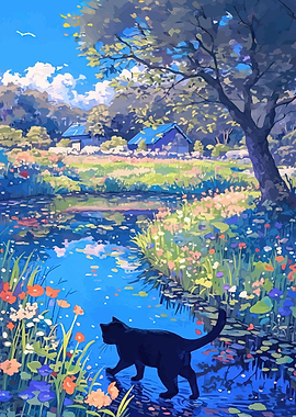 Black Cat by a Pond