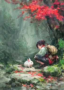 Young traveler encounters a rabbit in autumn forest