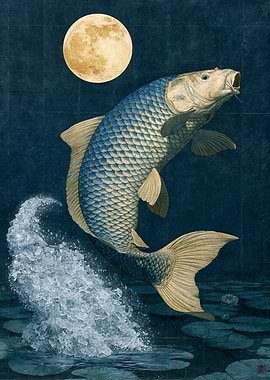 Koi fish leaping towards the moon