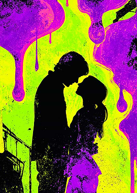 Couple Silhouette Neon Paint Splatter
