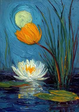 Water Lily and Orange Flower Under Moon