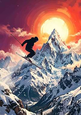 Skier jumping against a sunset mountain backdrop