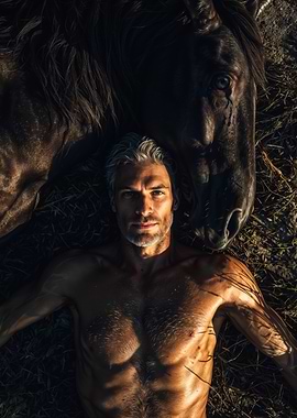 Man Lying With Black Horse