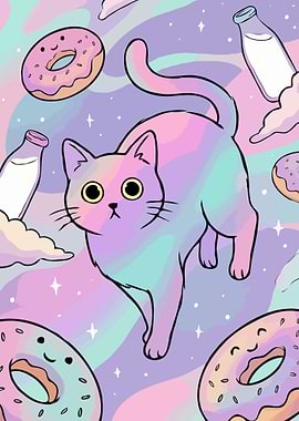 Rainbow Cat with Donuts and Milk