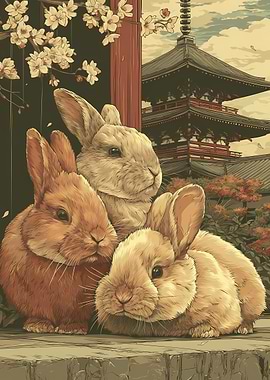 Three Cute Bunnies in Japanese Garden