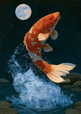 Koi Fish Jumping Under the Moon