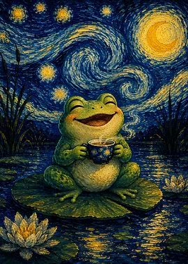 Frog Enjoying Coffee Under Starry Night Sky