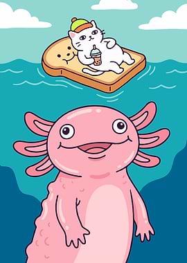 Cute Cat and Axolotl in Water