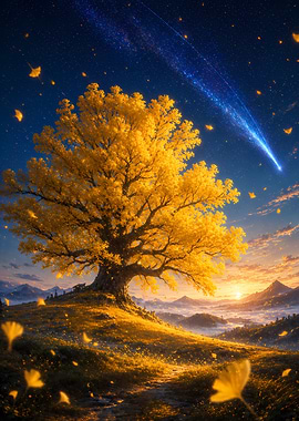 Golden Tree Under a Meteor Shower