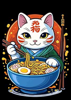 Lucky Cat Eating Ramen