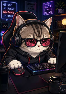 Gamer Cat with Headphones and Glasses