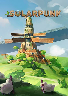 Solarpunk landscape with windmill and sheep