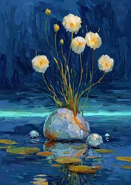Impressionist Painting of White Flowers in Water