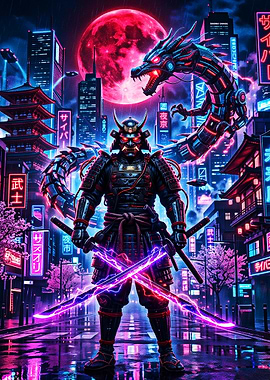 Neon Cyber Samurai Dragon Warrior
