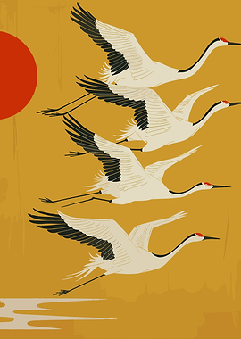Cranes Flying Over Water at Sunset