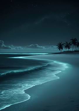 Night Beach with Bioluminescent Waves