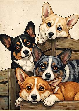 Four Corgis in Wooden Crates