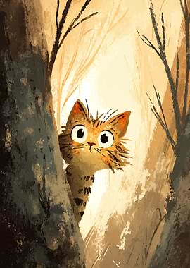 Cute Cat Peeking from Behind a Tree