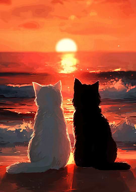 Two cats watching a sunset