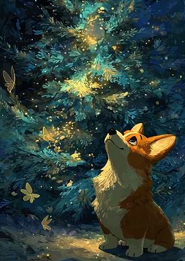 Corgi Looking at Fireflies in Forest