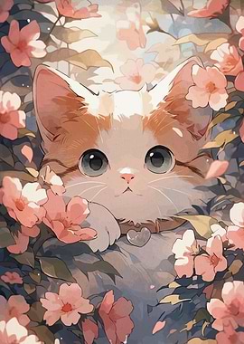 Cute Kitten Among Pink Flowers