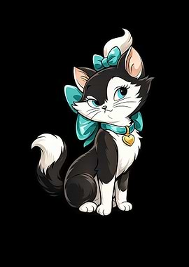 Cute Black and White Cat with Blue Bow