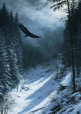 Eagle soaring over a snowy forest ravine