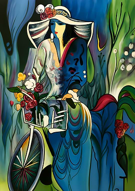 Woman with Bicycle and Flowers