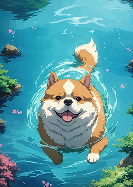 Happy Shiba Inu Swimming in Water