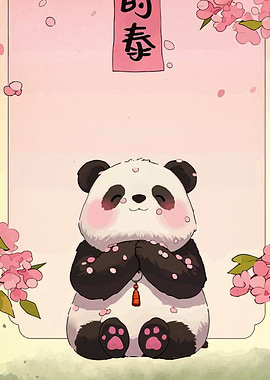 Cute Panda with Cherry Blossoms