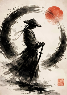 Samurai Warrior with Katana and Sun