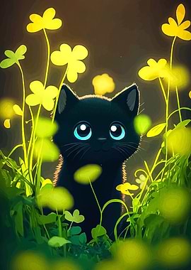 Cute Black Kitten in Yellow Flowers