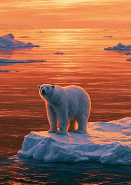 Polar Bear on Ice Floe at Sunset