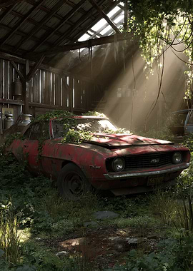 Abandoned Red Camaro in Overgrown Barn