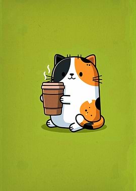 Cute Calico Cat with Coffee