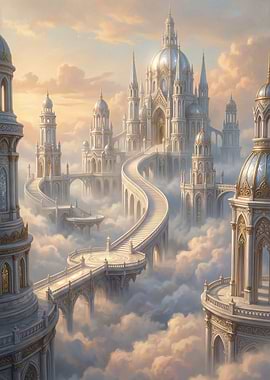Celestial Stairways Above the Clouds – Dreamlike Fantasy Architecture Wall Art