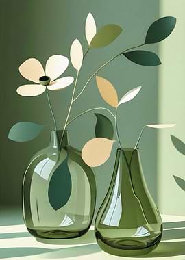 Minimalist Green Vases with Floral Accents