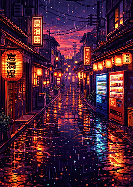 Pixel Art Japanese Street at Night