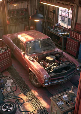 Vintage Car in a Grungy Garage