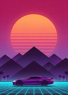 Retro Sunset Car on Grid