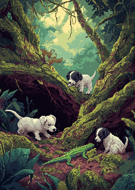 Puppies and Lizard in a Forest