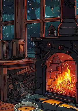 Cozy fireplace scene with books and coffee