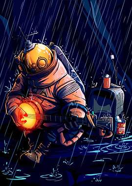 Astronaut playing banjo in the rain