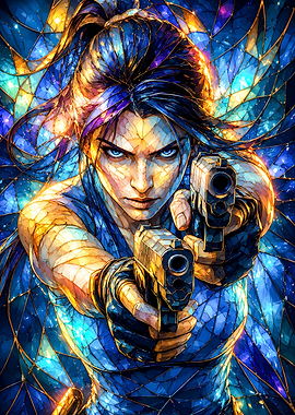 Stained Glass Woman with Guns