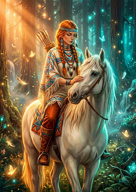 Native American Woman on Horseback in Enchanted Forest