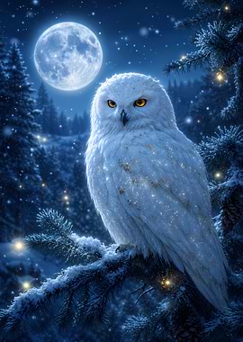 Snowy Owl in Winter Forest