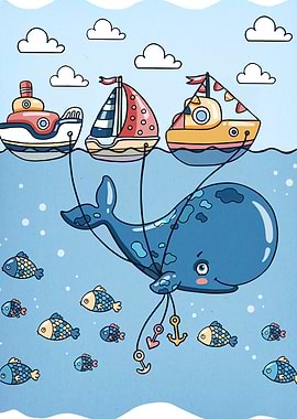 Cute Whale and Boats Underwater