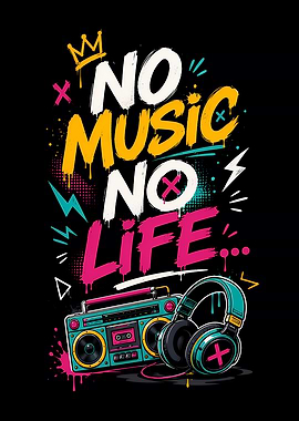 No Music No Life Boombox and Headphones