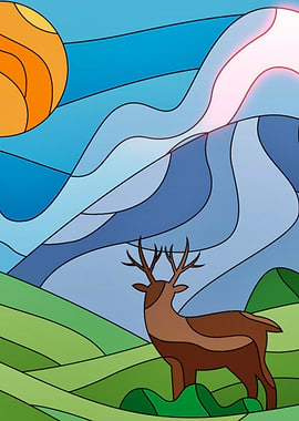Stained Glass Deer in Landscape