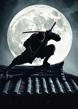 Ninja on a Rooftop Under the Moon